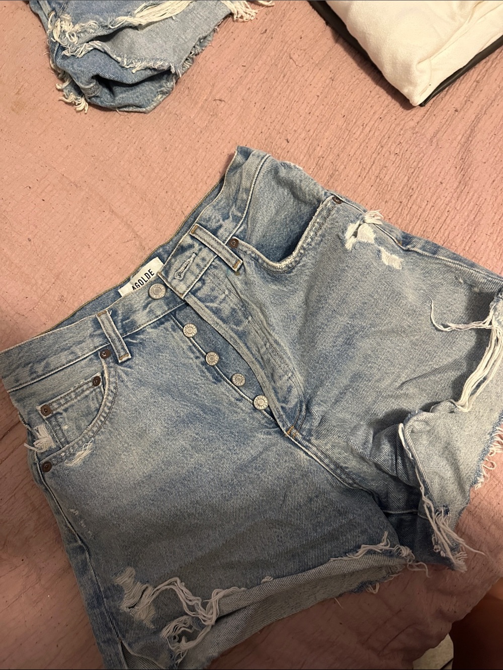 Agolde Light Wash Distressed Button-Fly Denim Shorts